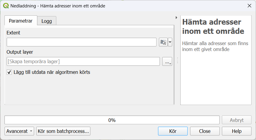Dialogrutan för algoritmen