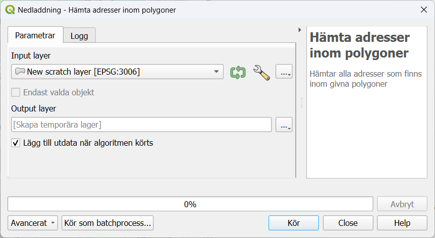 Dialogrutan för algoritmen