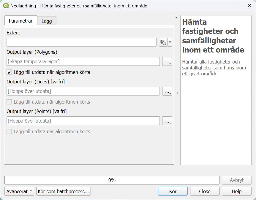 Dialogrutan för algoritmen